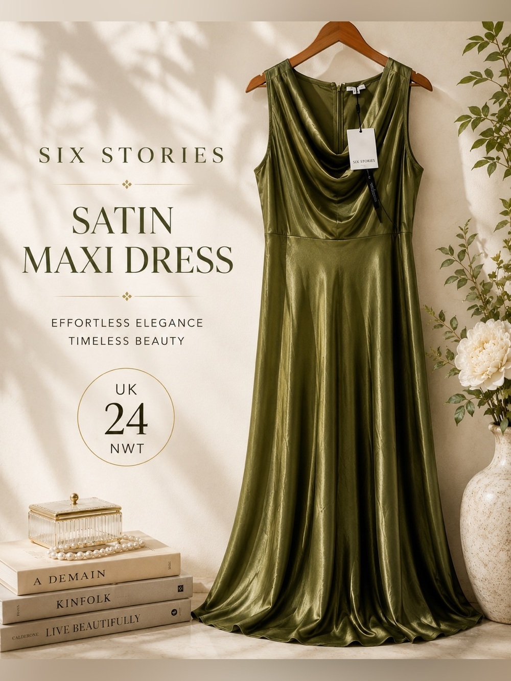 Six Stories Olive Satin Maxi Dress NWT US 20